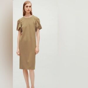 COS M Glossy Minimalist Taupe Puff Bubble Short Sleeve Shift Scandi Style Dress